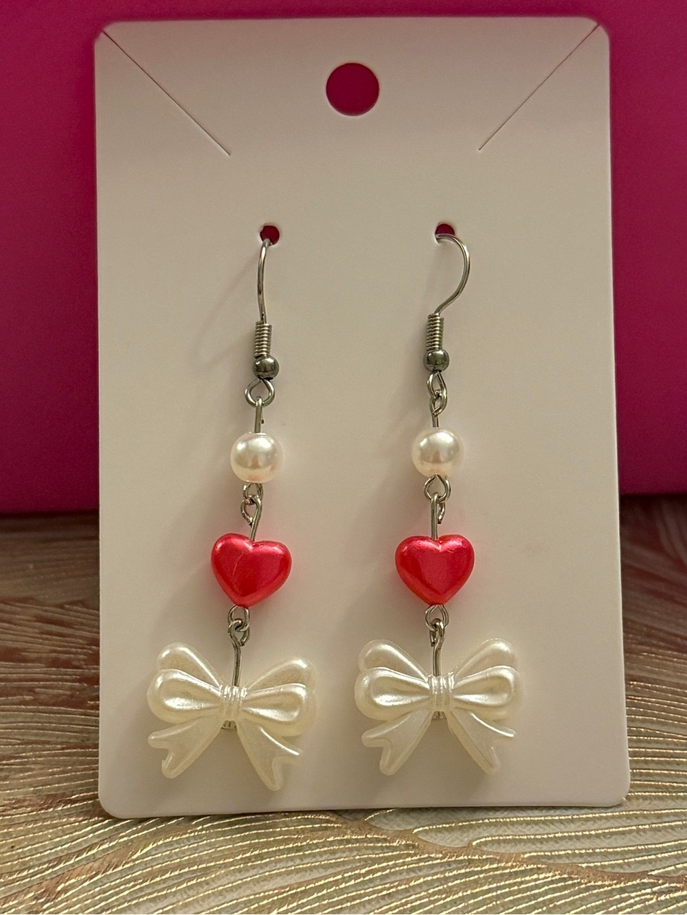 Handmade Pearl Bow and Red Heart Dangle Earrings